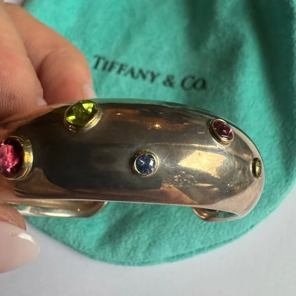 Tiffany & Co Silver 18K Gold Tourmaline Peridot Etoile Sapphire Cuff Bracelet - Picture 11 of 16